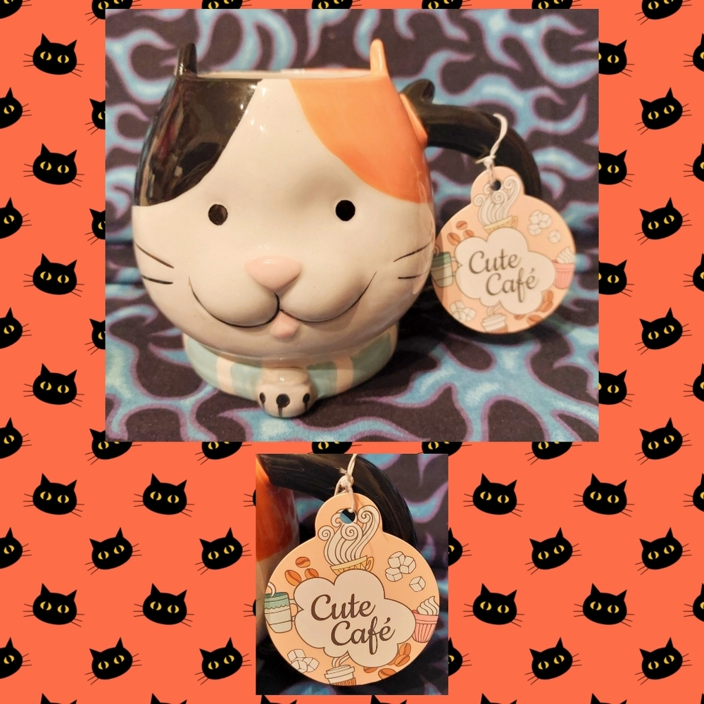 Cute Café by Home Essentials Wht/Multiclr Kitty Head Colorblock Ceramic Mug